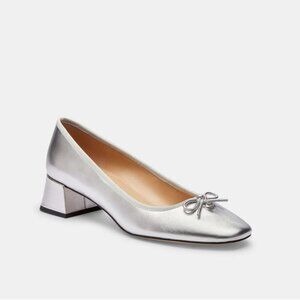 Coach Ava Ballet Pump Women Size 9B Silver Metallic Leather Walkable Block Heel